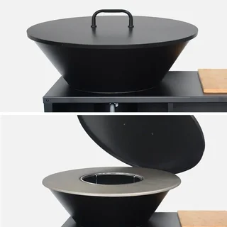 Brasero-barbecue de jardin Ø80 cm avec desserte, rangements, couvercle et ustensiles