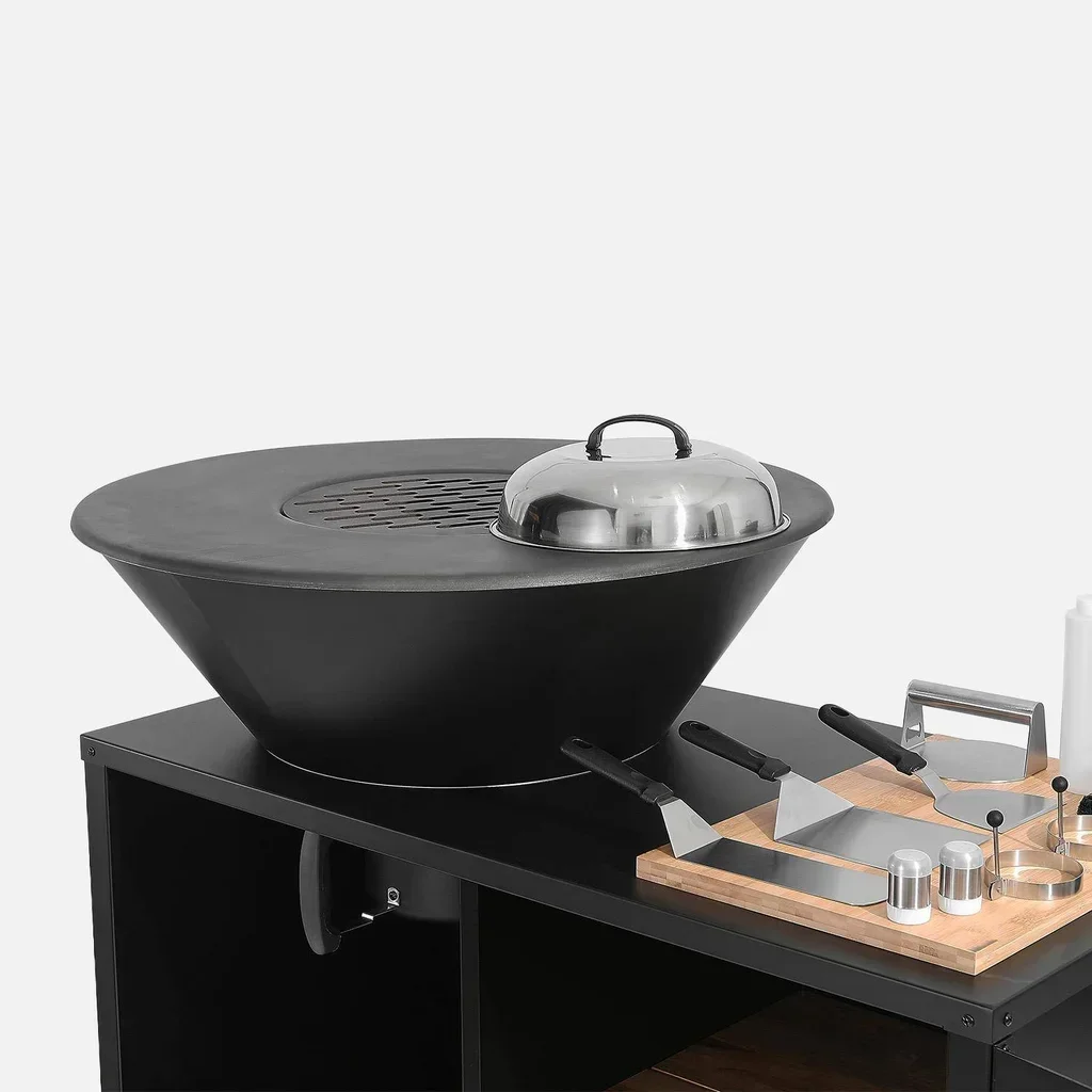 Brasero-barbecue de jardin Ø80 cm avec desserte, rangements, couvercle et ustensiles