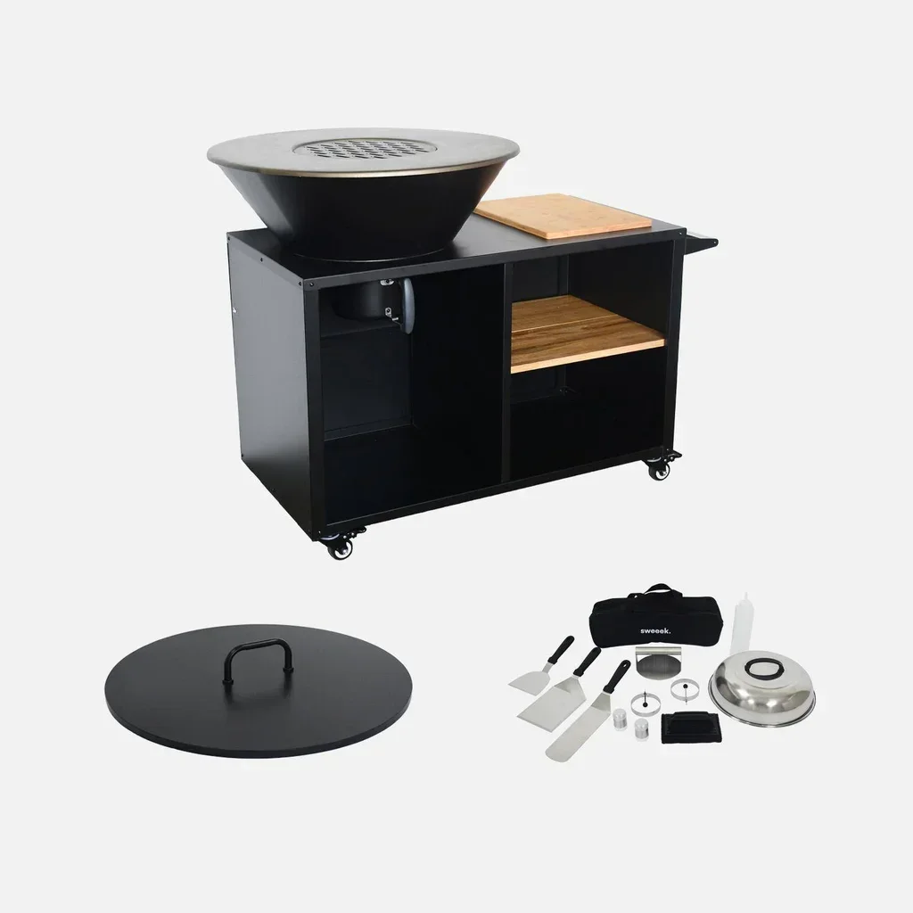 Brasero-barbecue de jardin Ø80 cm avec desserte, rangements, couvercle et ustensiles