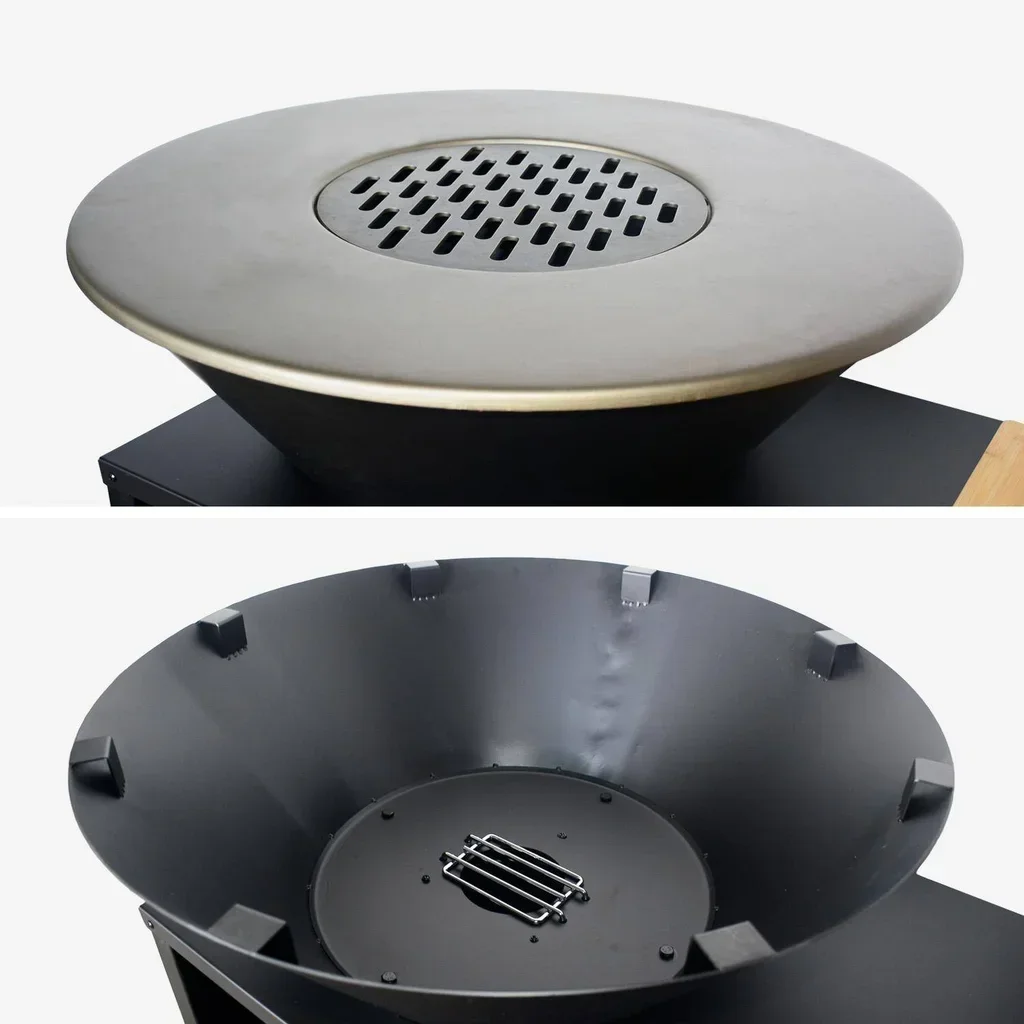 Brasero barbecue rond 80 cm avec desserte et rangements intégrés