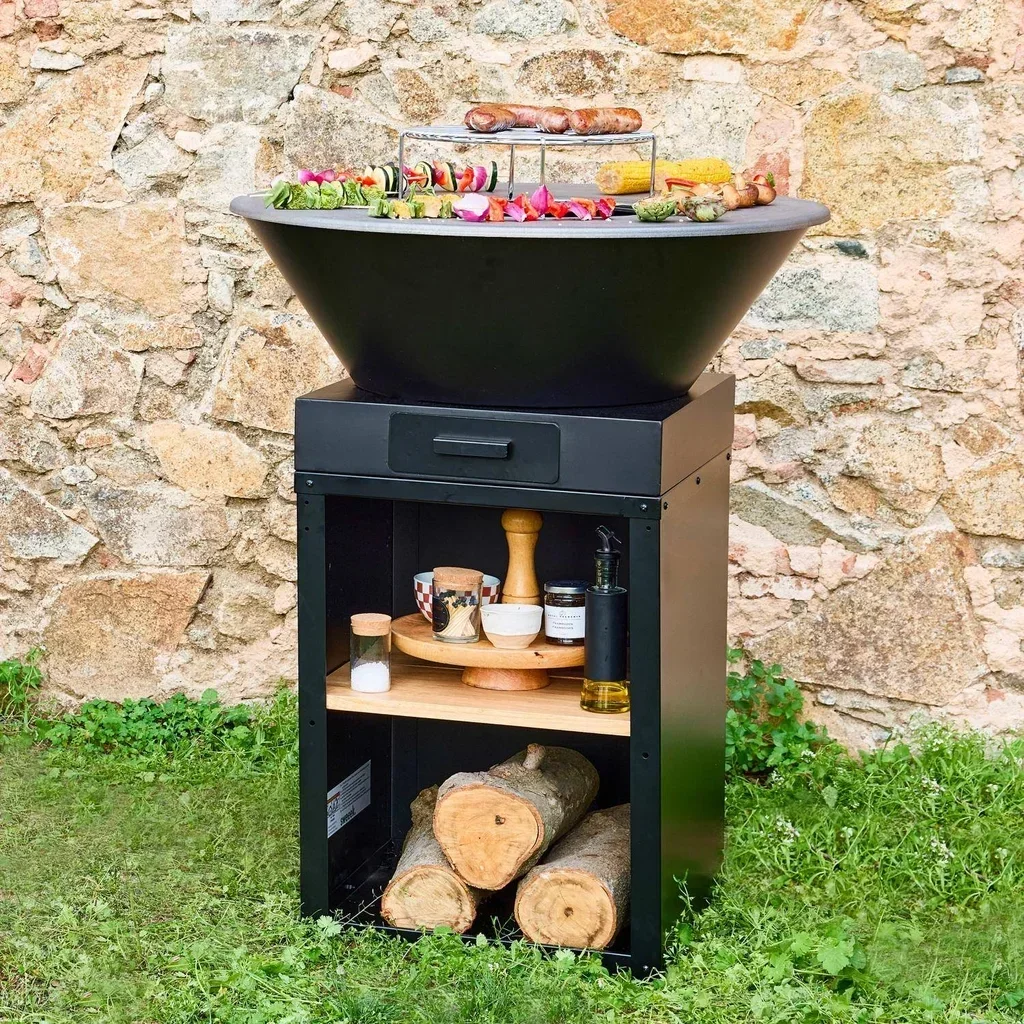 Brasero extérieur Ø81,5cm avec grille plancha et rangement bois intégré