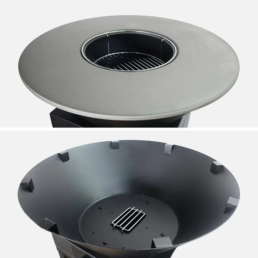 Brasero barbecue Ø81,5 cm acier avec grille plancha et rangement bois