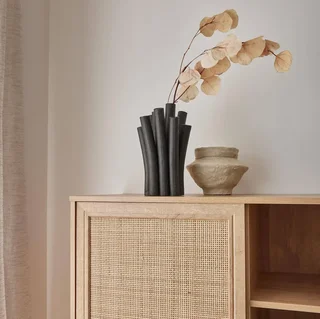 Wiener Geflecht Vintage Holz Sideboard 1 Tür 2 Schubladen Boho