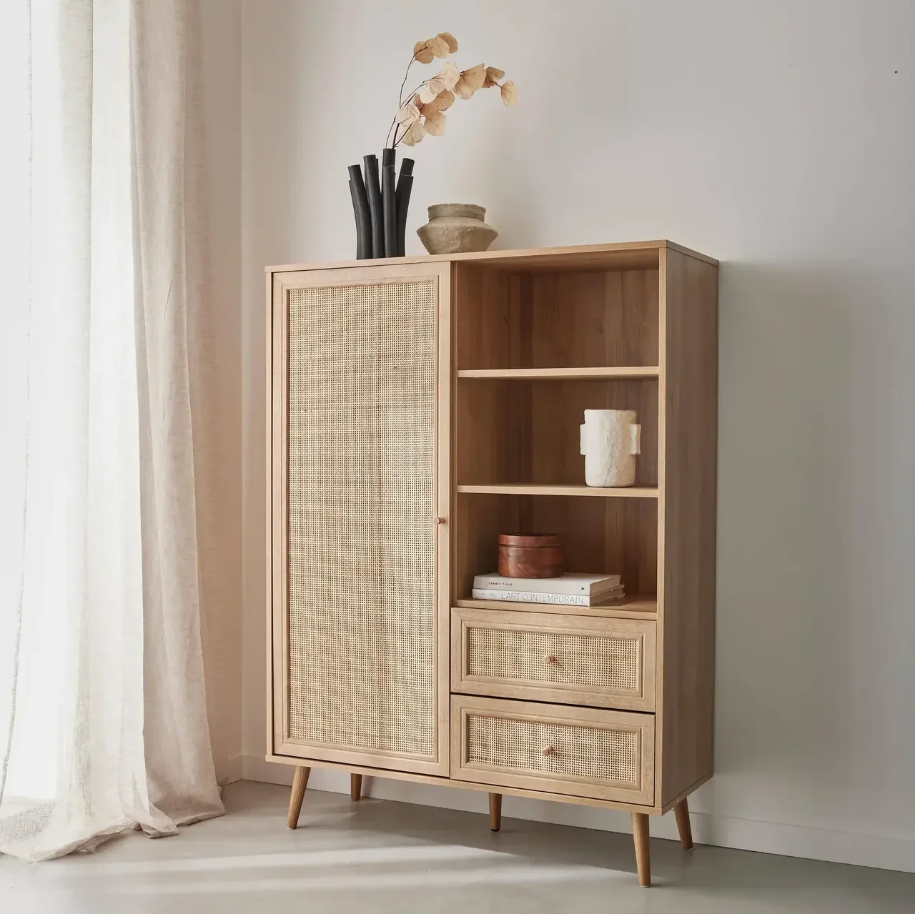 Wiener Geflecht Vintage Holz Sideboard 1 Tür 2 Schubladen Boho