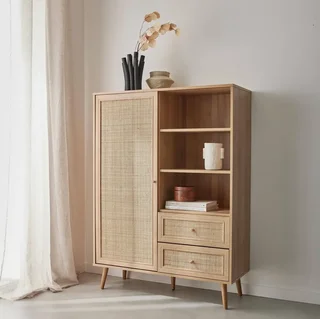 Wiener Geflecht Vintage Holz Sideboard 1 Tür 2 Schubladen Boho