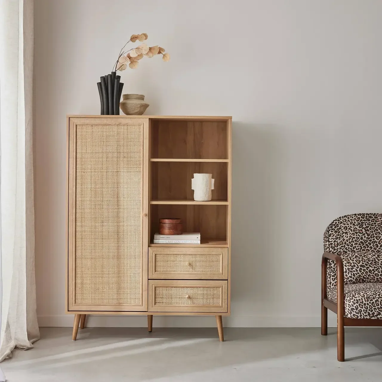 Wiener Geflecht Vintage Holz Sideboard 1 Tür 2 Schubladen Boho