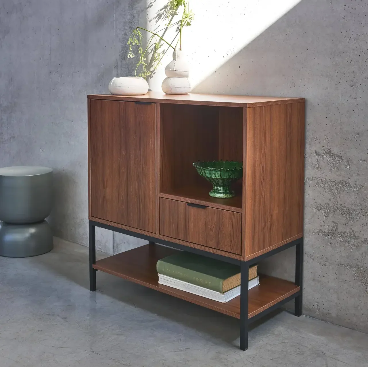 Buffet vintage noyer 80 cm 1 porte tiroir rangement rétro