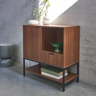 Buffet vintage noyer 80 cm 1 porte tiroir rangement rétro