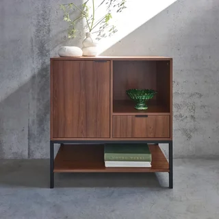 Buffet vintage noyer 80 cm 1 porte tiroir rangement rétro