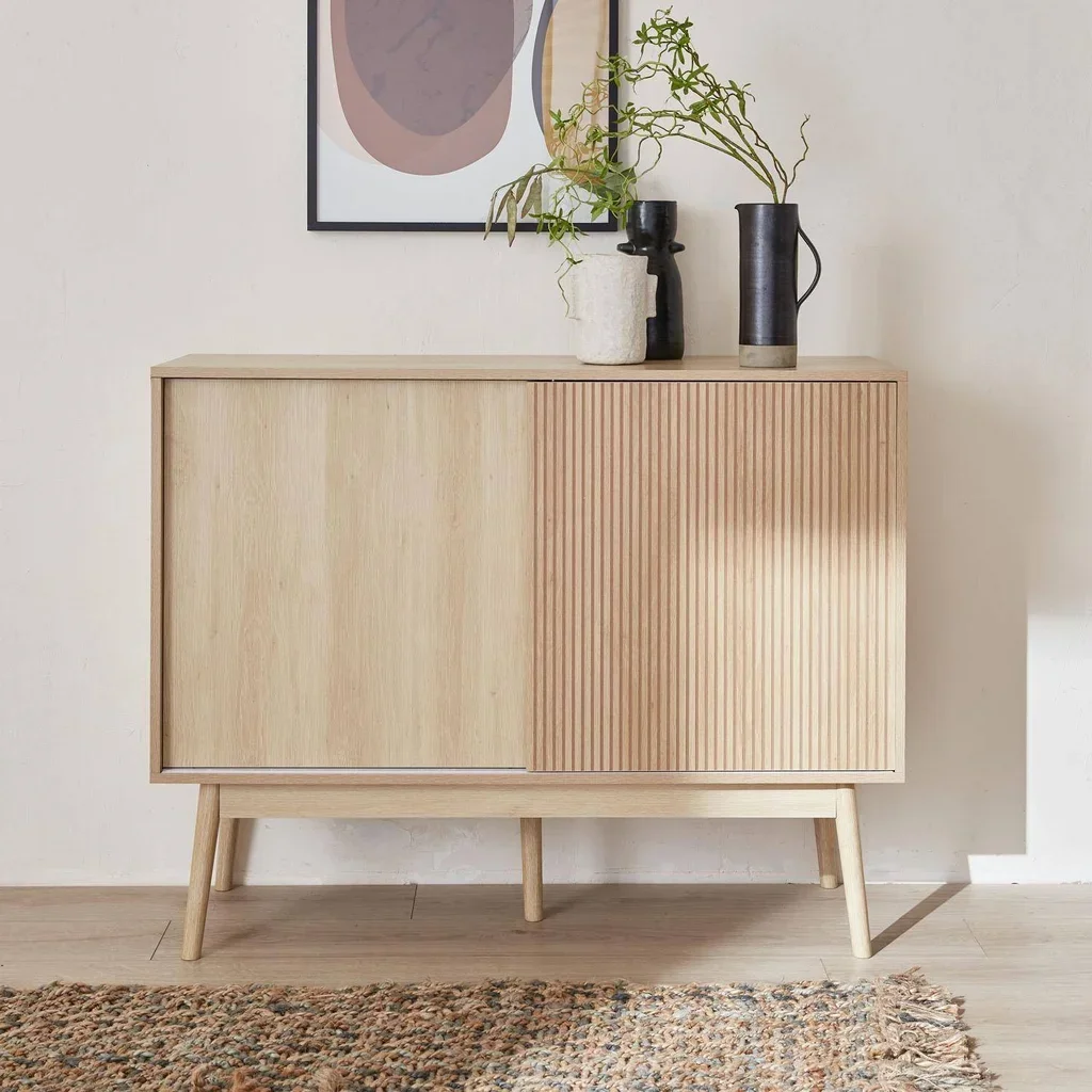 Buffet scandinave 1 porte coulissante bois strié 115 cm Linear