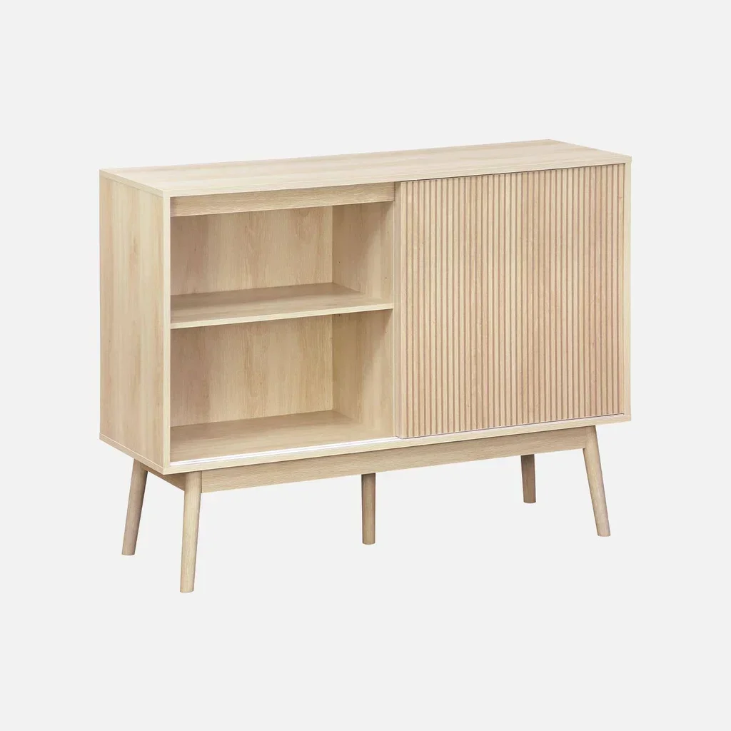 Buffet scandinave 1 porte coulissante bois strié 115 cm Linear