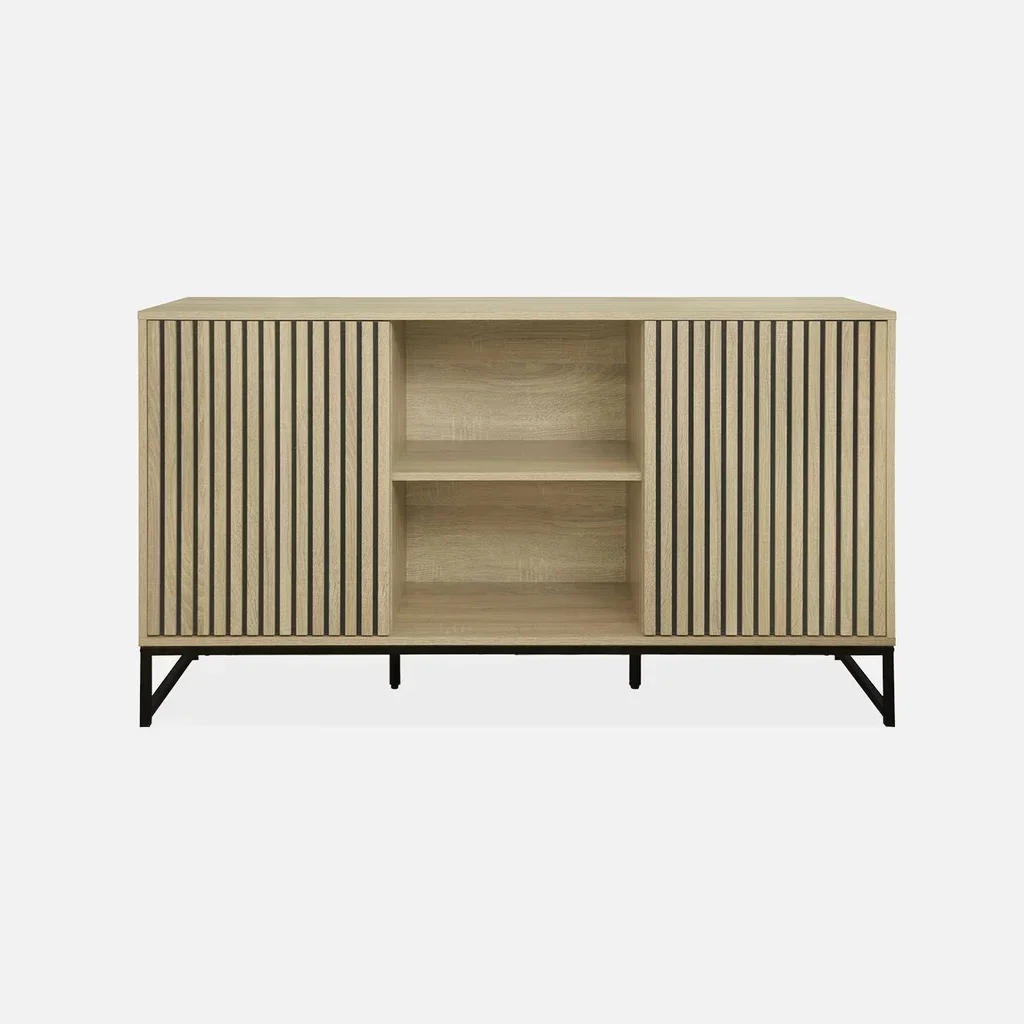 Buffet 2 portes bois rainuré et métal noir style contemporain 140 cm