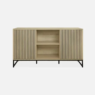 Buffet 2 portes bois rainuré et métal noir style contemporain 140 cm