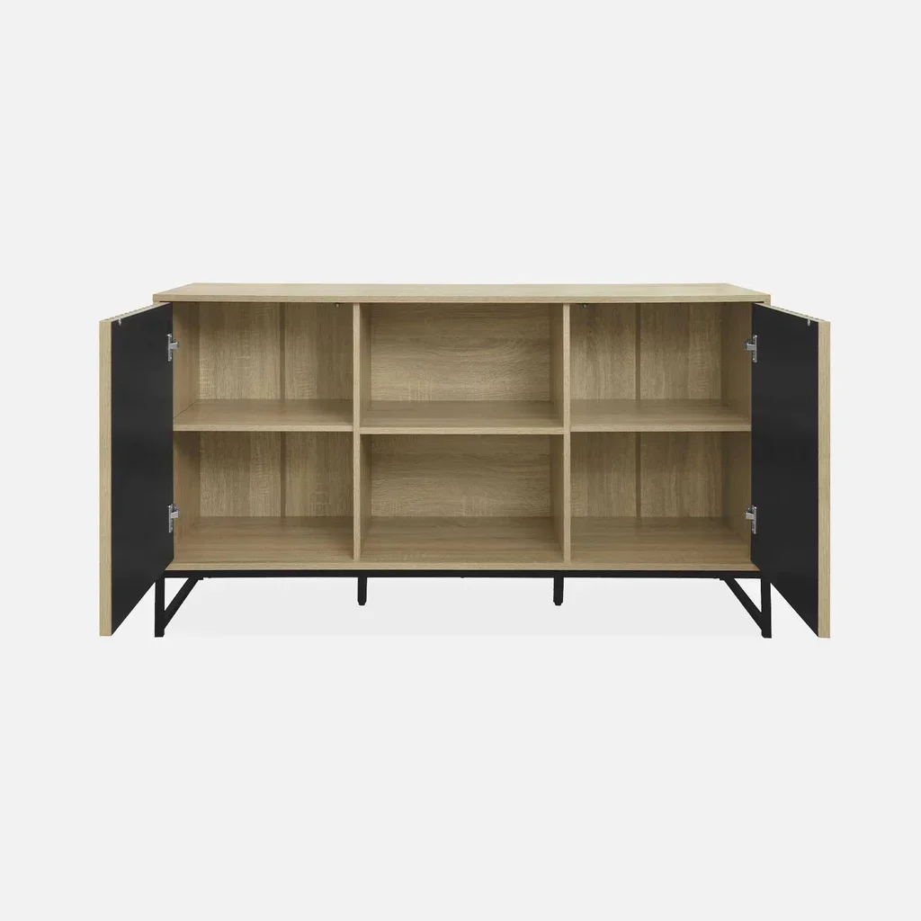 Buffet 2 portes bois rainuré et métal noir style contemporain 140 cm