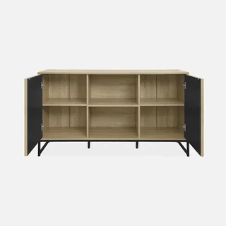 Buffet 2 portes bois rainuré et métal noir style contemporain 140 cm