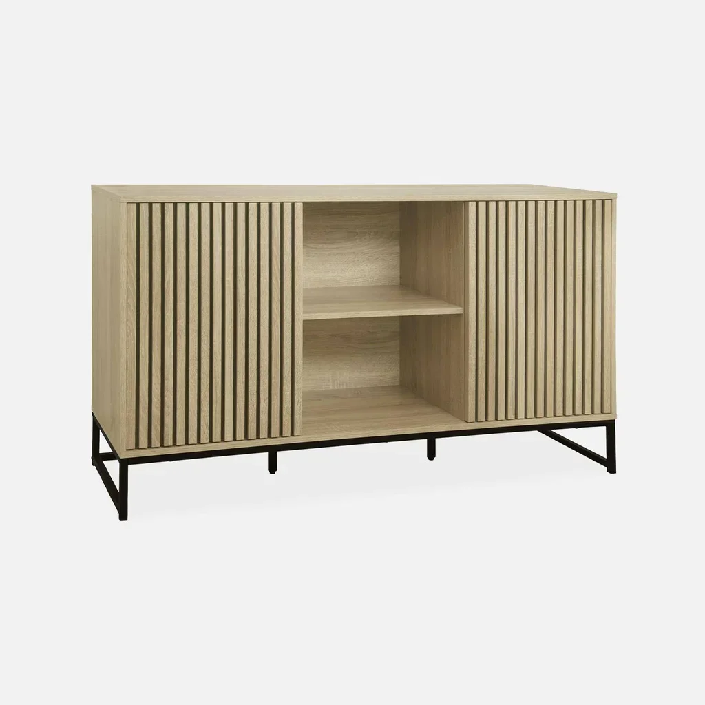 Buffet 2 portes bois rainuré et métal noir style contemporain 140 cm