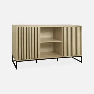 Buffet 2 portes bois rainuré et métal noir style contemporain 140 cm