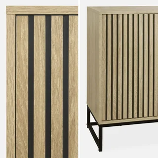 Buffet 2 portes bois rainuré et métal noir style contemporain 140 cm
