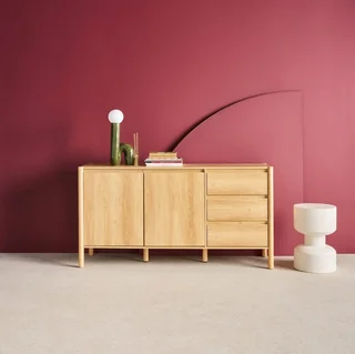 Niedriges Sideboard 2 Türen 3 Schubladen Massivholz Hevea 150 cm Harmony