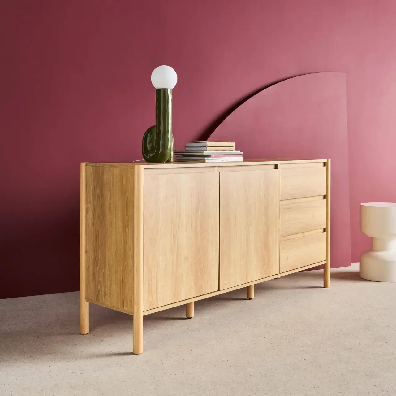 Niedriges Sideboard 2 Türen 3 Schubladen Massivholz Hevea 150 cm Harmony