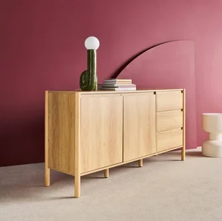 Niedriges Sideboard 2 Türen 3 Schubladen Massivholz Hevea 150 cm Harmony