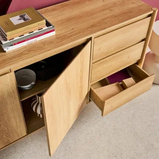 Niedriges Sideboard 2 Türen 3 Schubladen Massivholz Hevea 150 cm Harmony