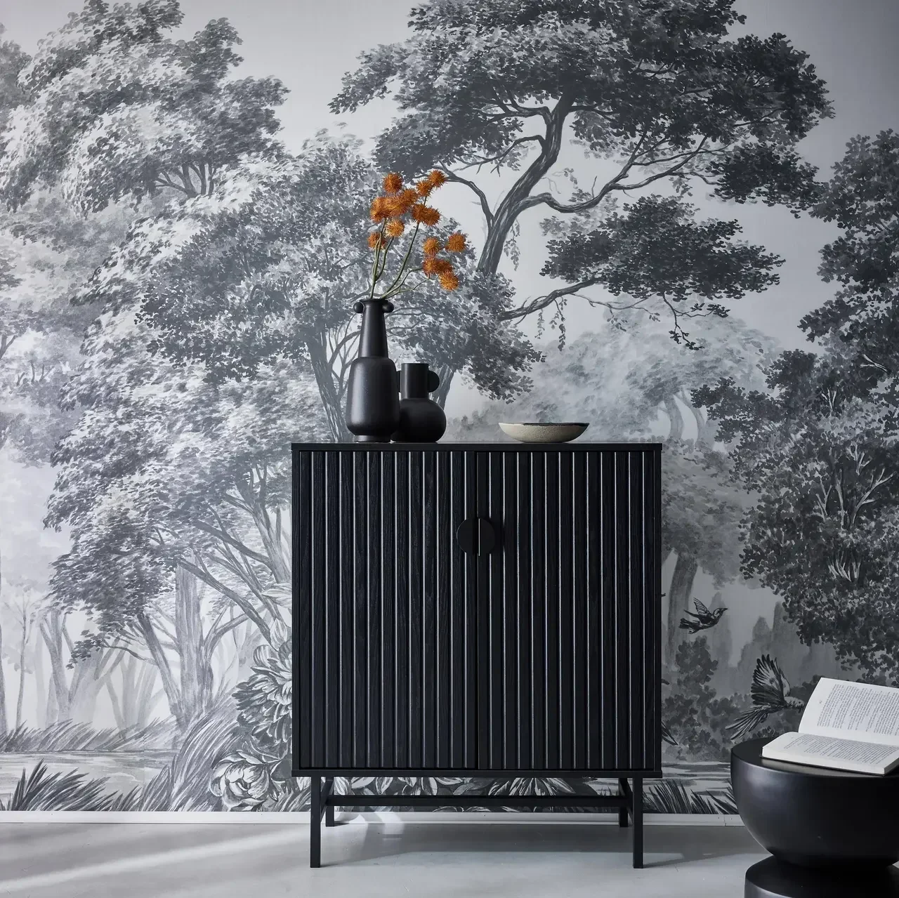 Buffet 2 portes 80 cm bois strié noir Bazalt