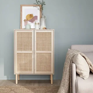 Sideboard 2 doors cane and wood 80 cm natural style Camargue