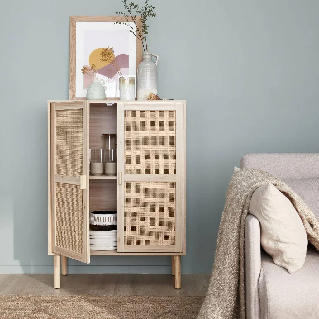 Buffet 2 portes cannage et bois 80 cm style naturel Camargue
