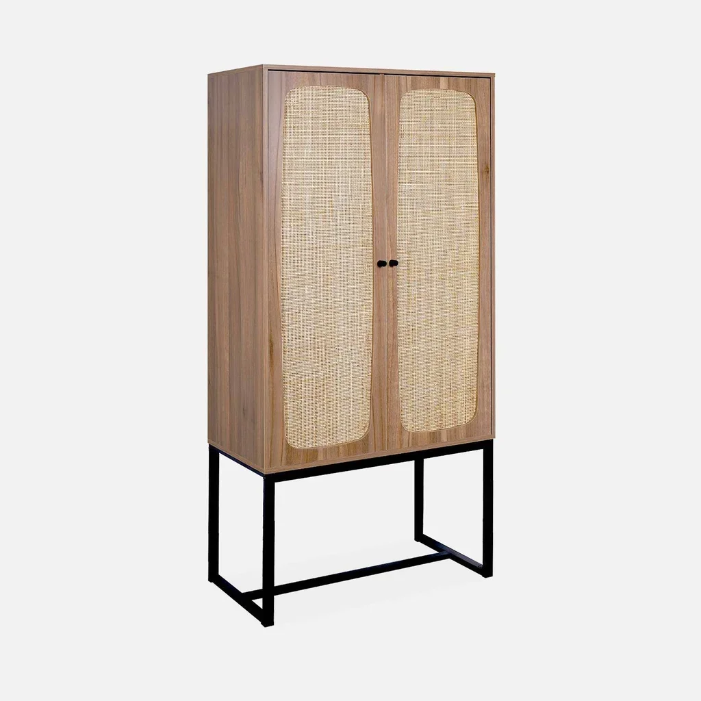 Vintage Rattan Sideboard 2 Türen dunkles Holz H165 cm