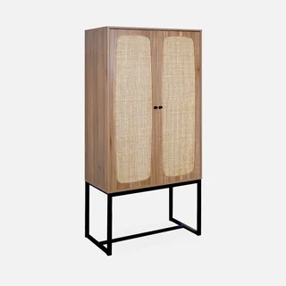Vintage Rattan Sideboard 2 Türen dunkles Holz H165 cm