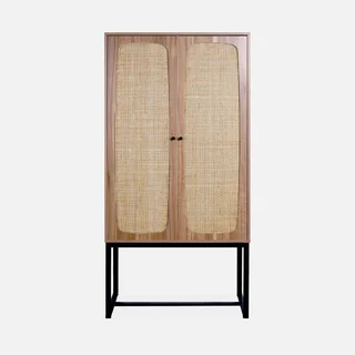 Vintage Rattan Sideboard 2 Türen dunkles Holz H165 cm