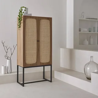Vintage Rattan Sideboard 2 Türen dunkles Holz H165 cm