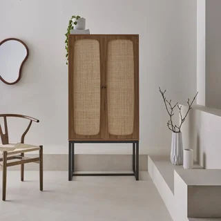 Vintage Rattan Sideboard 2 Türen dunkles Holz H165 cm