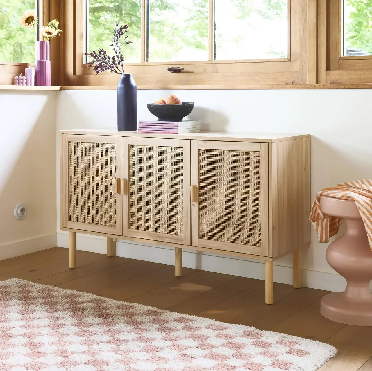 Buffet 3 portes 120 cm bois et cannage style naturel Camargue