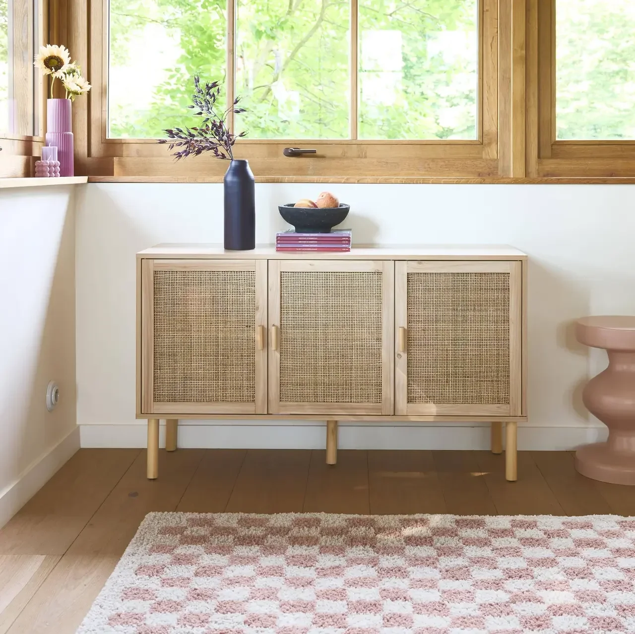 Buffet 3 portes 120 cm bois et cannage style naturel Camargue