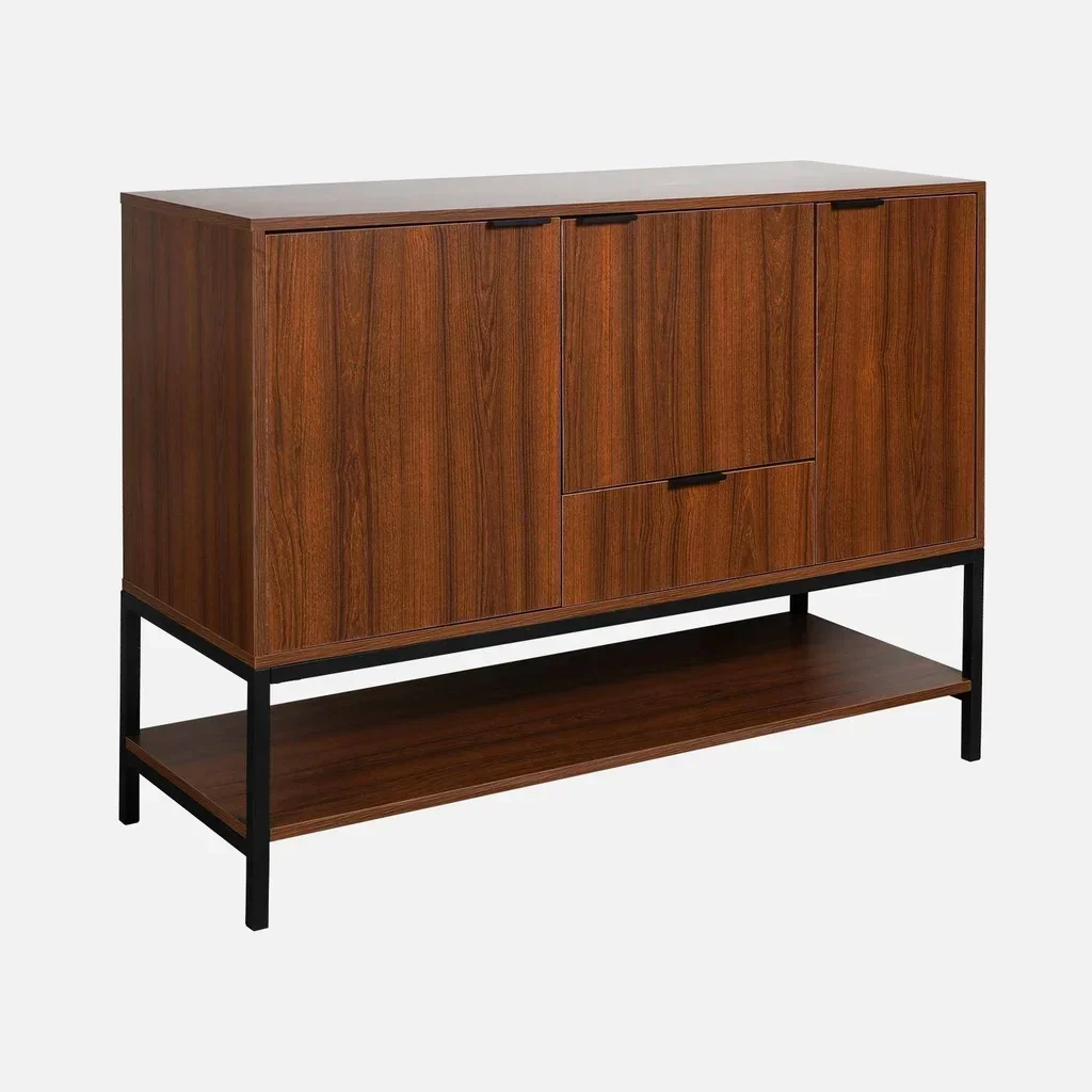 Industrial Sideboard 3 Türen Nussbaum Holz Schwarzes Metall 110 cm