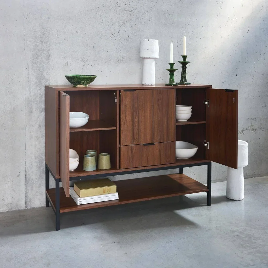 Buffet industriel 3 portes bois noyer métal noir 110 cm