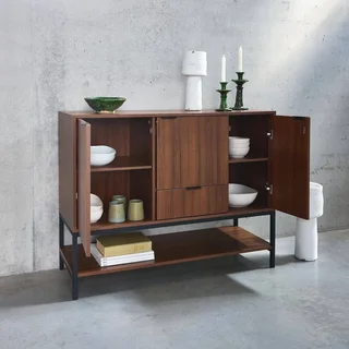 Industrial Sideboard 3 Türen Nussbaum Holz Schwarzes Metall 110 cm