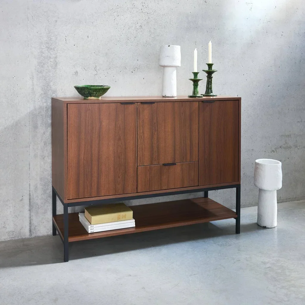 Buffet industriel 3 portes bois noyer métal noir 110 cm