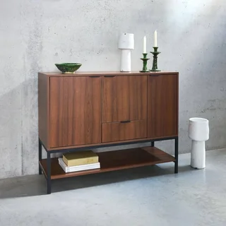 Industrial Sideboard 3 Türen Nussbaum Holz Schwarzes Metall 110 cm