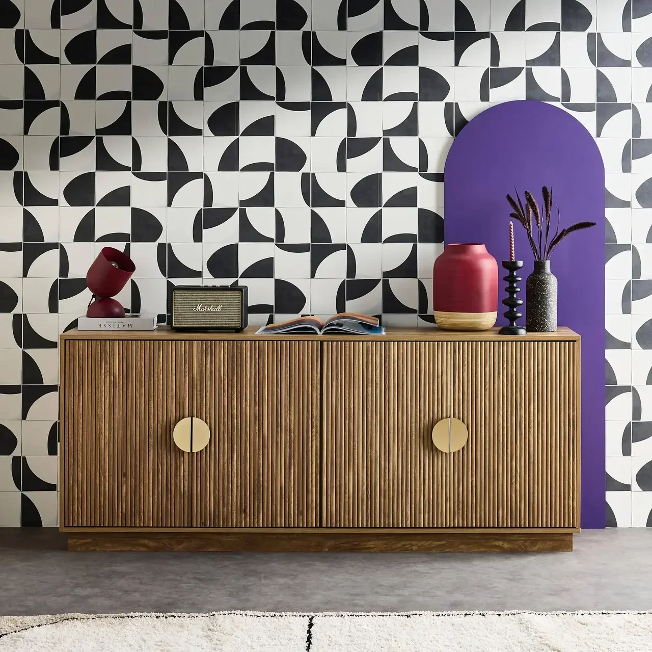 Buffet 4 portes 180 cm bois manguier rainuré style exotique Celian