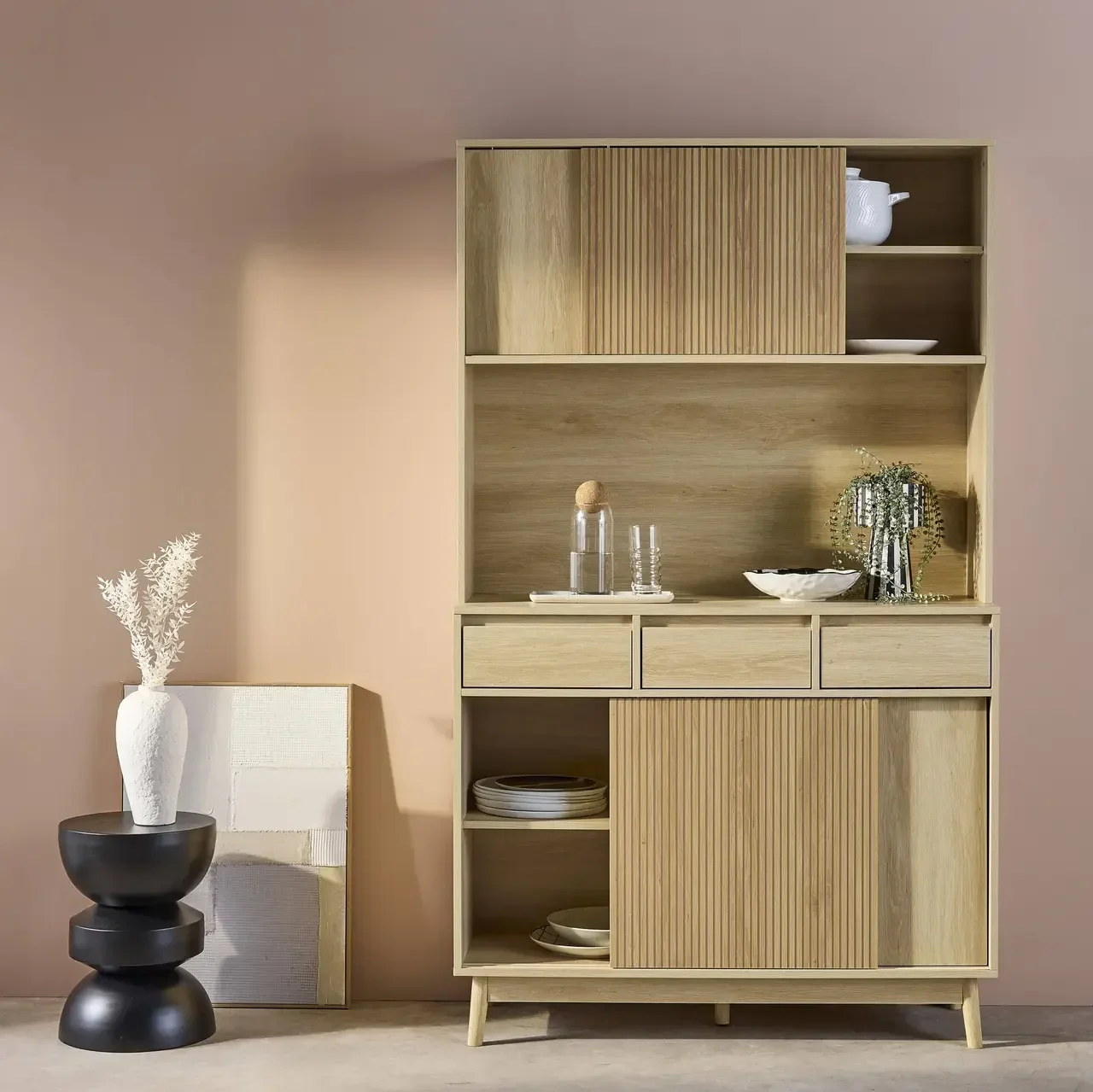 Buffet scandinave 4 portes 3 tiroirs bois 110 cm Linear