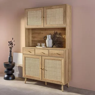 Aparador 4 portas 3 gavetas madeira rattan 110 cm estilo natural Boémio