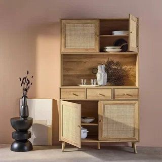 Aparador 4 portas 3 gavetas madeira rattan 110 cm estilo natural Boémio