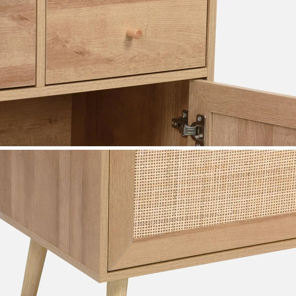 Aparador 4 portas 3 gavetas madeira rattan 110 cm estilo natural Boémio