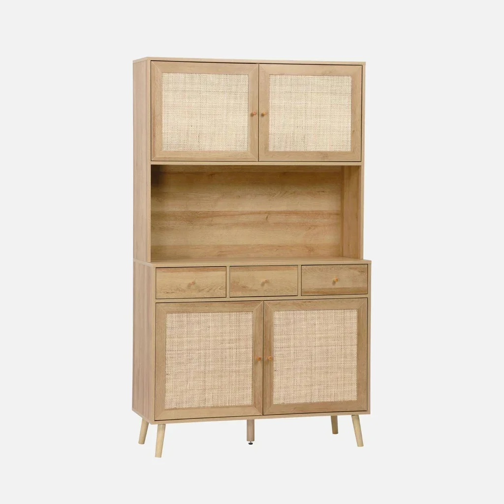 Aparador 4 portas 3 gavetas madeira rattan 110 cm estilo natural Boémio