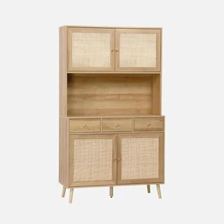 Aparador 4 portas 3 gavetas madeira rattan 110 cm estilo natural Boémio