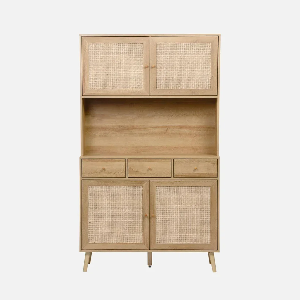 Aparador 4 portas 3 gavetas madeira rattan 110 cm estilo natural Boémio
