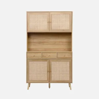 Aparador 4 portas 3 gavetas madeira rattan 110 cm estilo natural Boémio